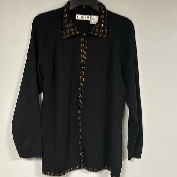 VJ Woman black BEADED cotton blend  collared cardigan sweater Hook & Eye size 1X - Picture 1 of 7